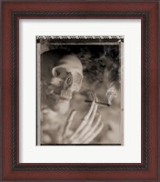 Framed Side profile of a skeleton holding a cigarette