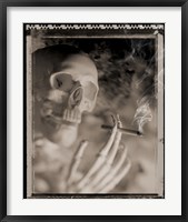 Framed Side profile of a skeleton holding a cigarette