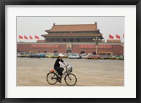 Framed Tourist riding a bicycle at a town square, Tiananmen Gate Of Heavenly Peace, Tiananmen Square, Beijing, China