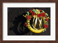 Framed Wreath on the Vietnam Veterans Memorial Wall, Vietnam Veterans Memorial, Washington, D.C., USA