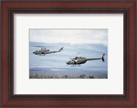 Framed left side view of an AH-1 Cobra helicopter, front, and an OH-58 Kiowa helicopter