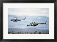 Framed left side view of an AH-1 Cobra helicopter, front, and an OH-58 Kiowa helicopter