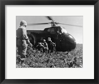Framed Korea, US Marine Corps, soldiers exiting military helicopter