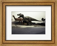 Framed Side profile of a tyrannosaurus rex chasing an albertosaurus