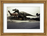 Framed Side profile of a tyrannosaurus rex chasing an albertosaurus