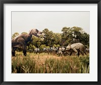 Framed Tyrannosaur standing in front of a group of triceratops in a field
