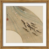 Framed Fan-shaped drawing of fish swimming upstream