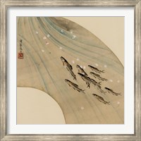 Framed Fan-shaped drawing of fish swimming upstream