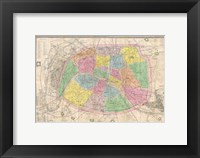 Framed 1867 colored Logerot Map of Paris, France