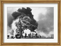 Framed USS Bunker Hill Hit by Two Kamikazes