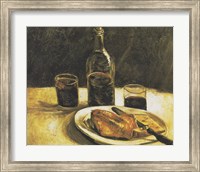 Framed Still Life with Bottle, Two Glasses, Cheese and Bread