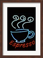 Framed Glowing Neon Sign of an Espresso Coffee Cup