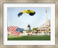 Framed U.S. Navy Demonstration Parachute Team, the Leap Frogs, Lands at the 50 Yard Line of Aggie Stadium Greensboro NC