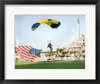 Framed U.S. Navy Demonstration Parachute Team, the Leap Frogs, Lands at the 50 Yard Line of Aggie Stadium Greensboro NC