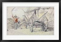 Framed Man Threshing Beside a Wagon