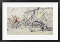 Framed Man Threshing Beside a Wagon