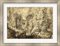 Framed Mountain Landscape, Peasants in a Clearing near a Waterfall