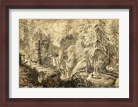 Framed Mountain Landscape, Peasants in a Clearing near a Waterfall