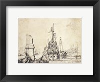 Framed Ship in a Port with a Ruined Obelisk