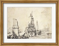 Framed Ship in a Port with a Ruined Obelisk
