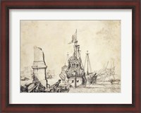Framed Ship in a Port with a Ruined Obelisk