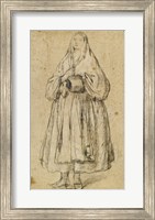 Framed Standing Woman Holding a Muff and Shawl