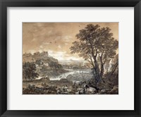 Framed Landscape with Shepherds Resting Under a Tree by a Cascade
