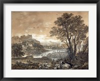 Framed Landscape with Shepherds Resting Under a Tree by a Cascade