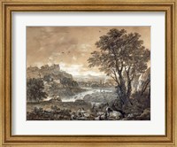 Framed Landscape with Shepherds Resting Under a Tree by a Cascade