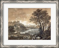 Framed Landscape with Shepherds Resting Under a Tree by a Cascade