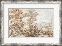 Framed Wooded Landscape with Travelers by a Stream, a Town Beyond