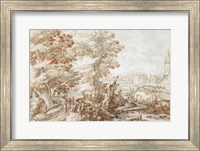 Framed Wooded Landscape with Travelers by a Stream, a Town Beyond
