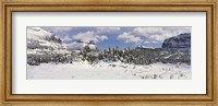 Framed Mountains with trees in winter, Logan Pass, US Glacier National Park, Montana, USA