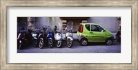 Framed Motor scooters with a car parked in a street, Florence, Italy