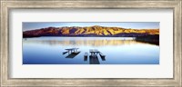 Framed Picnic tables in the lake, Diaz Recreation Area Lake, Lone Pine, California, USA