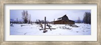 Framed Mormon barn in winter, Wyoming, USA