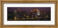 Framed High angle view of buildings lit up at night, Pittsburgh, Pennsylvania, USA