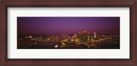 Framed High angle view of buildings lit up at night, Three Rivers Stadium, Pittsburgh, Pennsylvania, USA