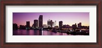 Framed Buildings lit up at dusk, Biscayne Bay, Miami, Miami-Dade county, Florida, USA