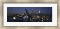 Framed Skyscrapers lit up at night in a city, Cleveland, Ohio, USA