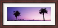 Framed San Francisco skyline between 2 palm trees, California