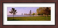 Framed Trees in a park with lake and buildings in the background, Lincoln Park, Lake Michigan, Chicago, Illinois, USA