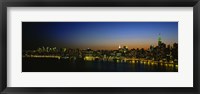 Framed City skyline at night, view of Manhattan from Long Island, New York City, New York State, USA