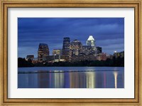 Framed Buildings at the waterfront lit up at dusk, Town Lake, Austin, Texas, USA
