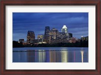 Framed Buildings at the waterfront lit up at dusk, Town Lake, Austin, Texas, USA