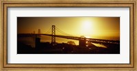 Framed High angle view of a suspension bridge at sunset, Bay Bridge, San Francisco, California, USA
