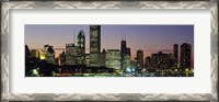 Framed Buildings lit up at dusk, Lake Michigan, Chicago, Cook County, Illinois, USA
