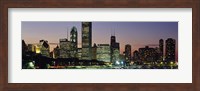 Framed Buildings lit up at dusk, Lake Michigan, Chicago, Cook County, Illinois, USA