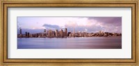 Framed San Francisco city skyline at sunrise viewed from Treasure Island side, San Francisco Bay, California, USA