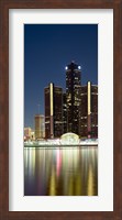 Framed Skyscrapers lit up at dusk, Renaissance Center, Detroit River, Detroit, Michigan, USA